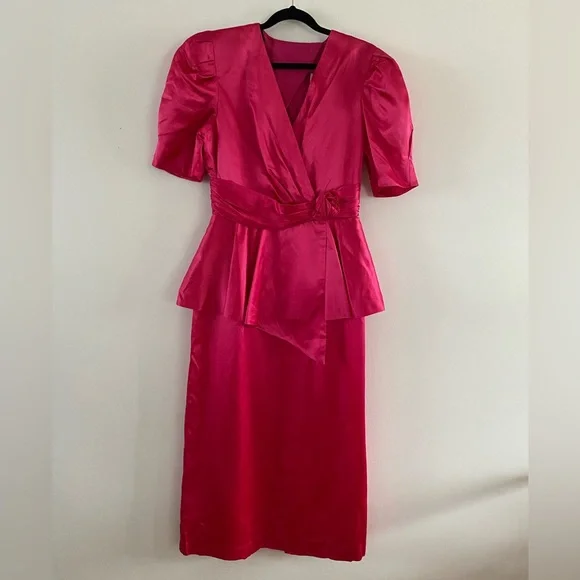 SOLD ELSEWHERE - 70s/80s Nu Mode Bright Satin Pink Dress with Open Back - Picture 1 of 8